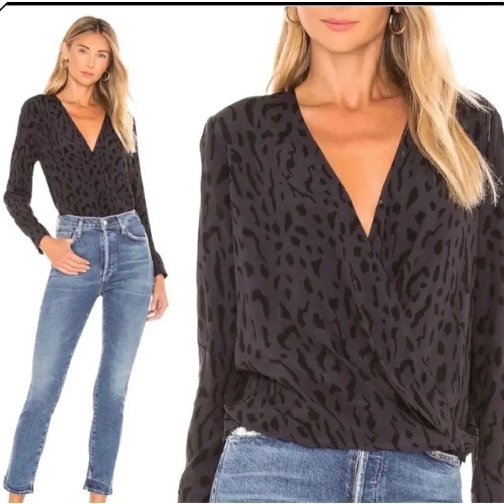 Rails Hillary Ash Cheetah Black on Black Print Surplice Blouse sz M EUC